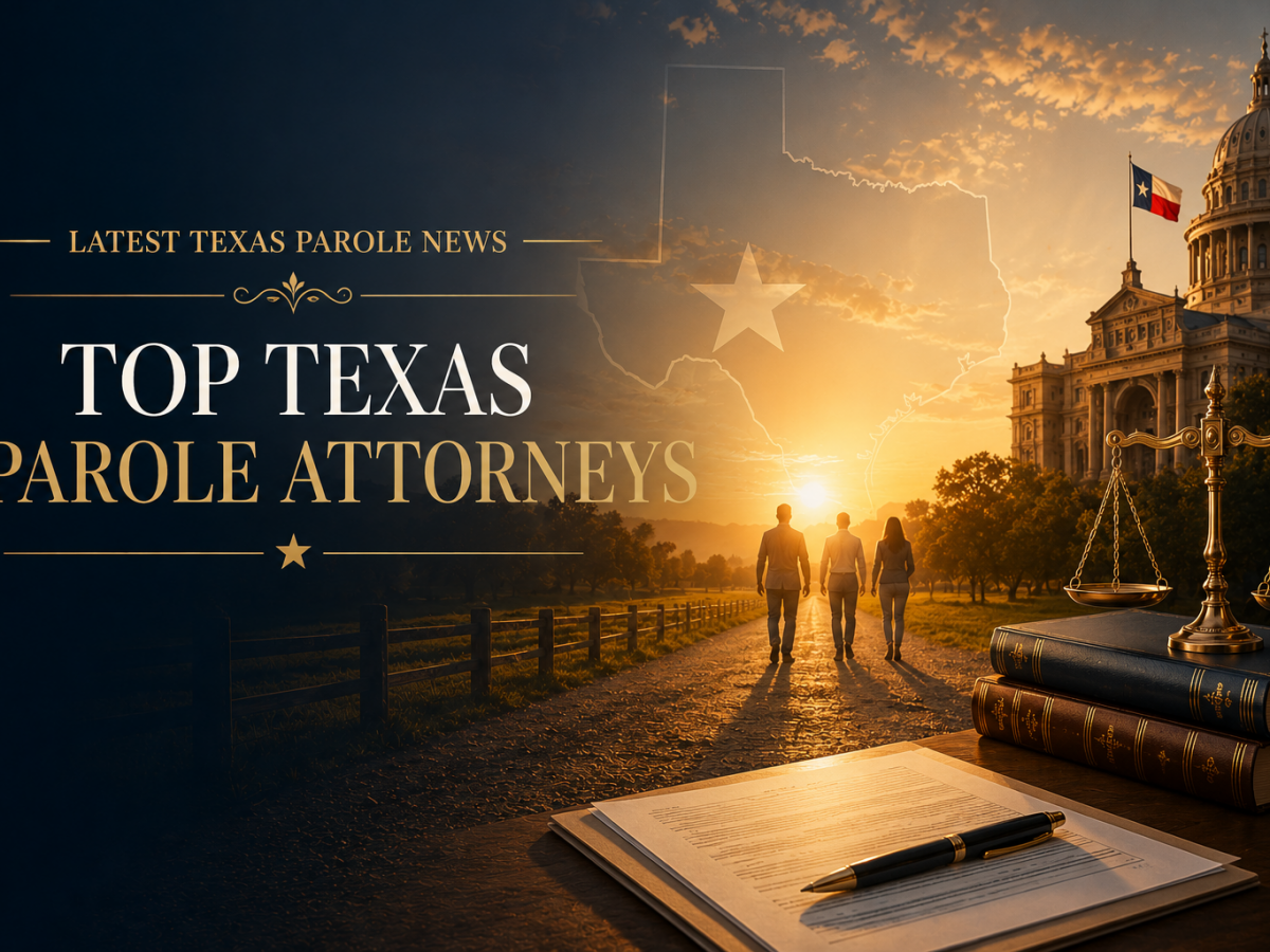 Texas parole news illustration with a family, the Texas Capitol, and scales of justice.