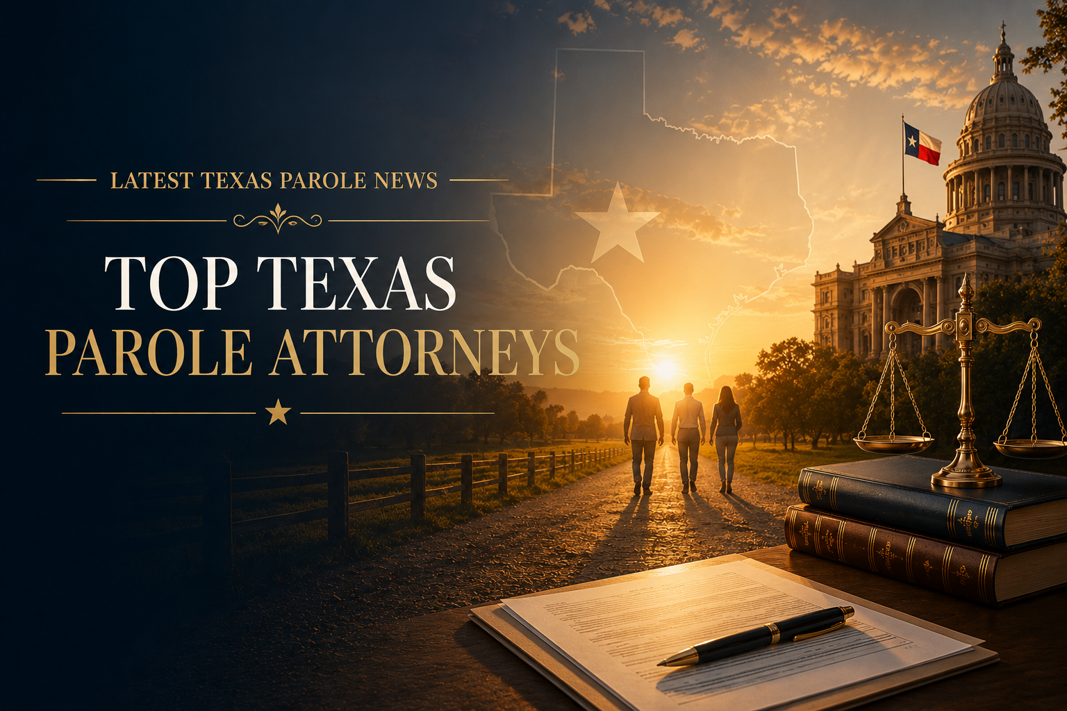 Texas parole news illustration with a family, the Texas Capitol, and scales of justice.