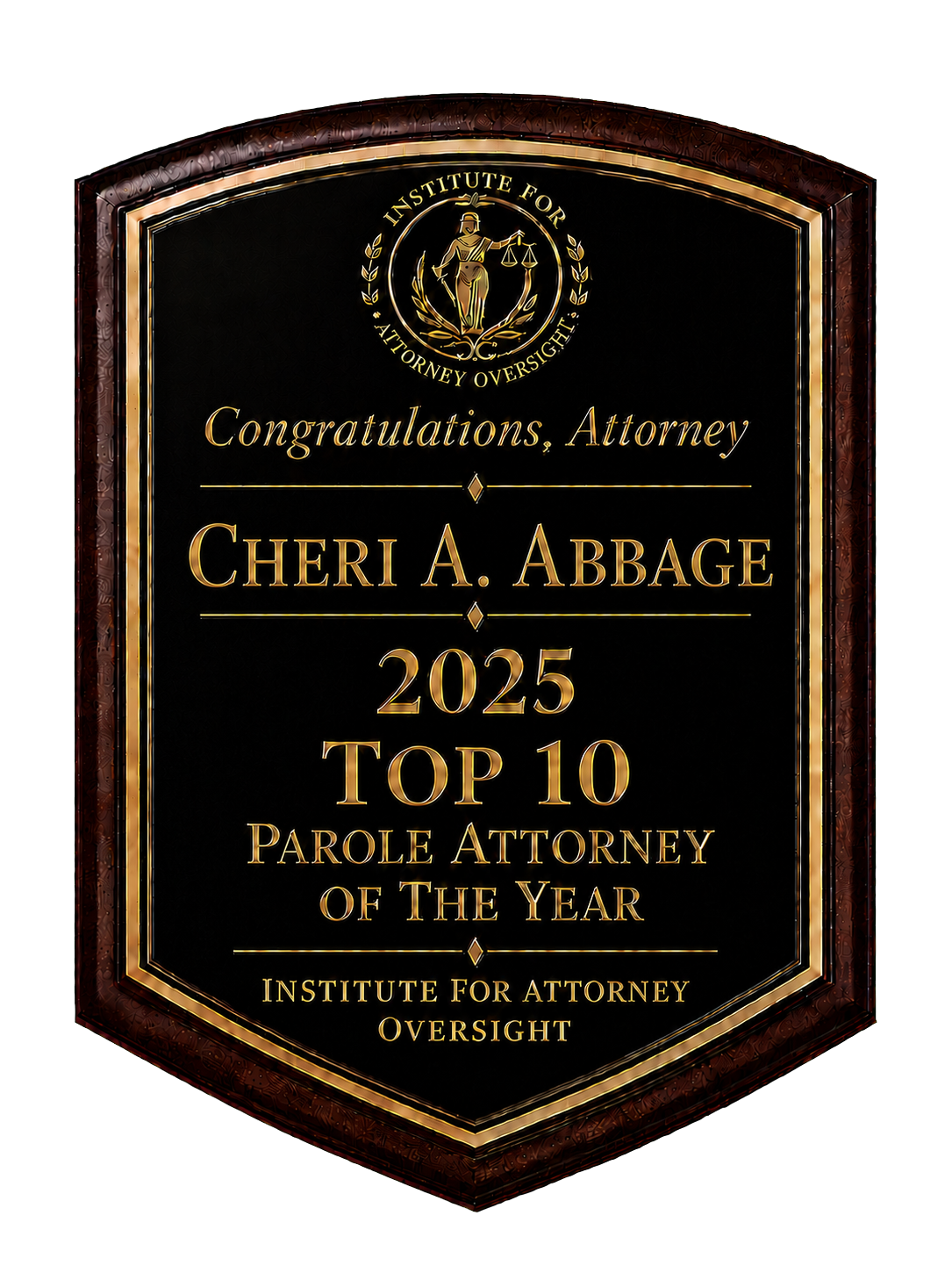 Cheri A. Abbage — 2025 Top Parole Attorney award plaque